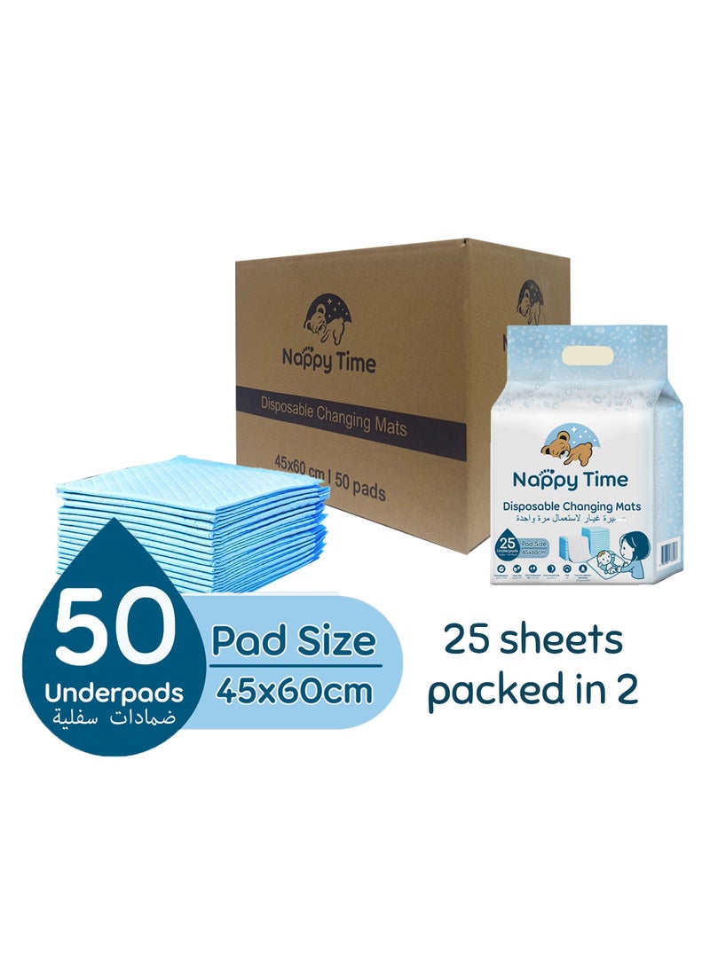 Nappy time Nappy Time Disposable Changing Mats, Nappy Pad, Baby Diaper Mat, Leak-proof, High Absorbency, 100% Water-proof Size 45x60 - 25 sheets packed in 2 (50 sheets)  - Image 1