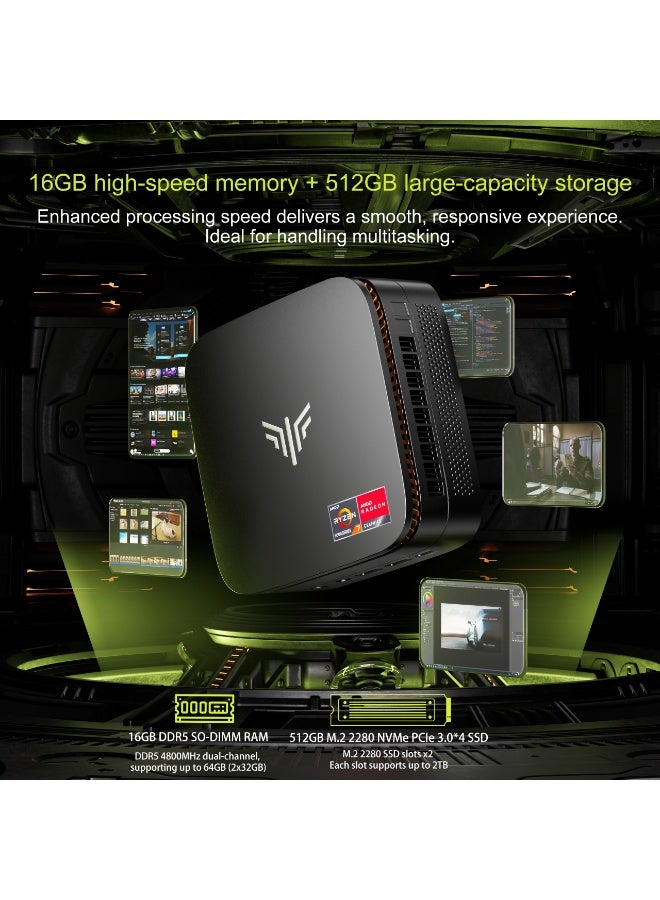 NIPOGI Mini PC, AMD Ryzen7 6800H (up to 4.7GHz), 16GB DDR5 SO-DIMM,512GB M.2 2280 NVMe PCIe 3.0 SSD, Windows 11 Pro system, Triple 4K output, 2.4/5G WiFi6/Bluetooth 5.2, Business/Office/HTPC Black - Image 3