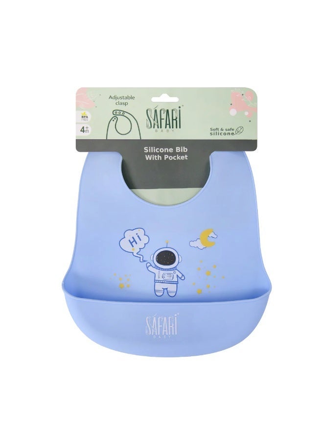 Safari Silicone Bib with pocket light blue