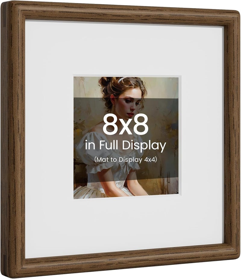 Heimlove 8x8 Picture Frame Natural Oak Wood From California-USA Walnut Color Finished Handcrafted 8 x 8 Photo Frame Matted to 4x4 Photo with Real Tempered Glass,for Wedding,Family,Graduation Display Table & Wall - Image 1