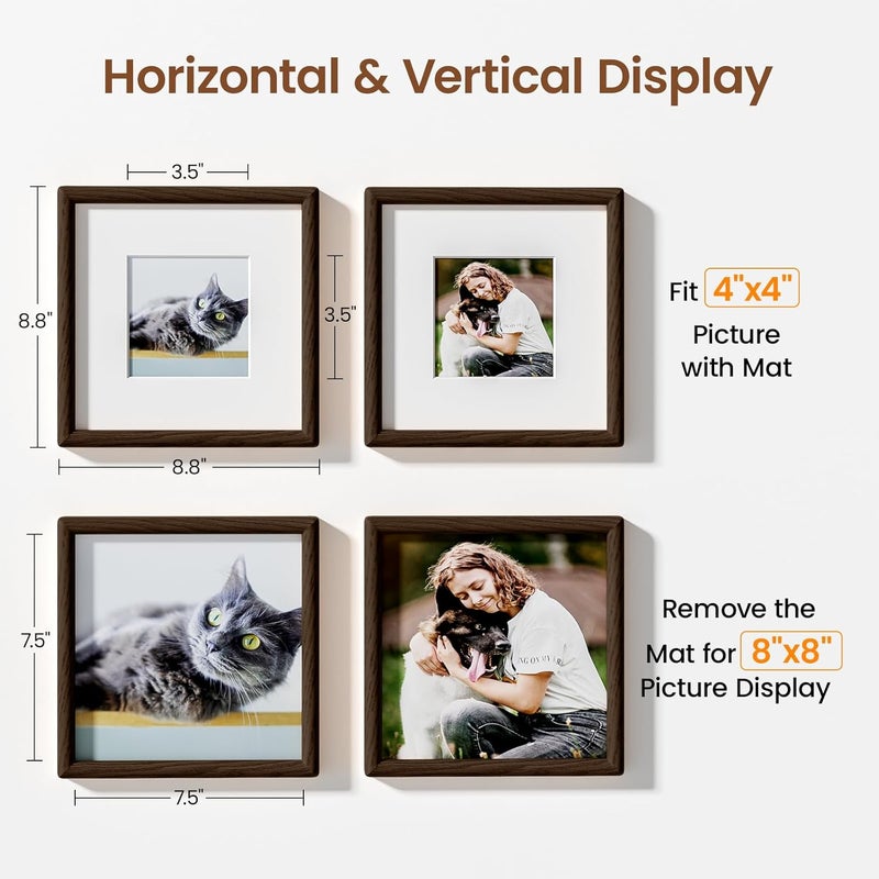 Heimlove 8x8 Picture Frame Natural Oak Wood From California-USA Walnut Color Finished Handcrafted 8 x 8 Photo Frame Matted to 4x4 Photo with Real Tempered Glass,for Wedding,Family,Graduation Display Table & Wall - Image 5