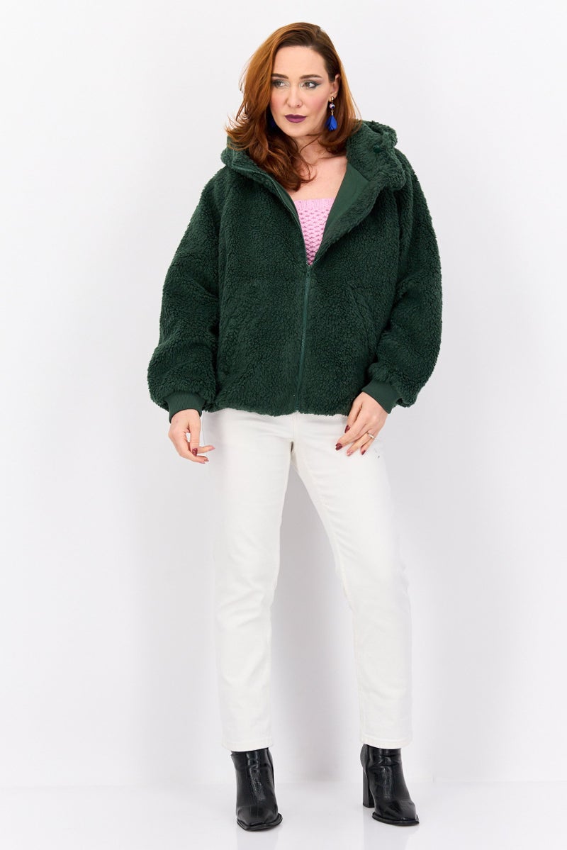 Wrangler Women Hooded Textured Parka Jacket, Dark Green - Image 4