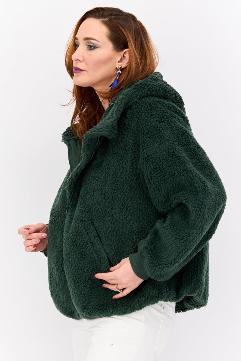 Wrangler Women Hooded Textured Parka Jacket, Dark Green - Image 2