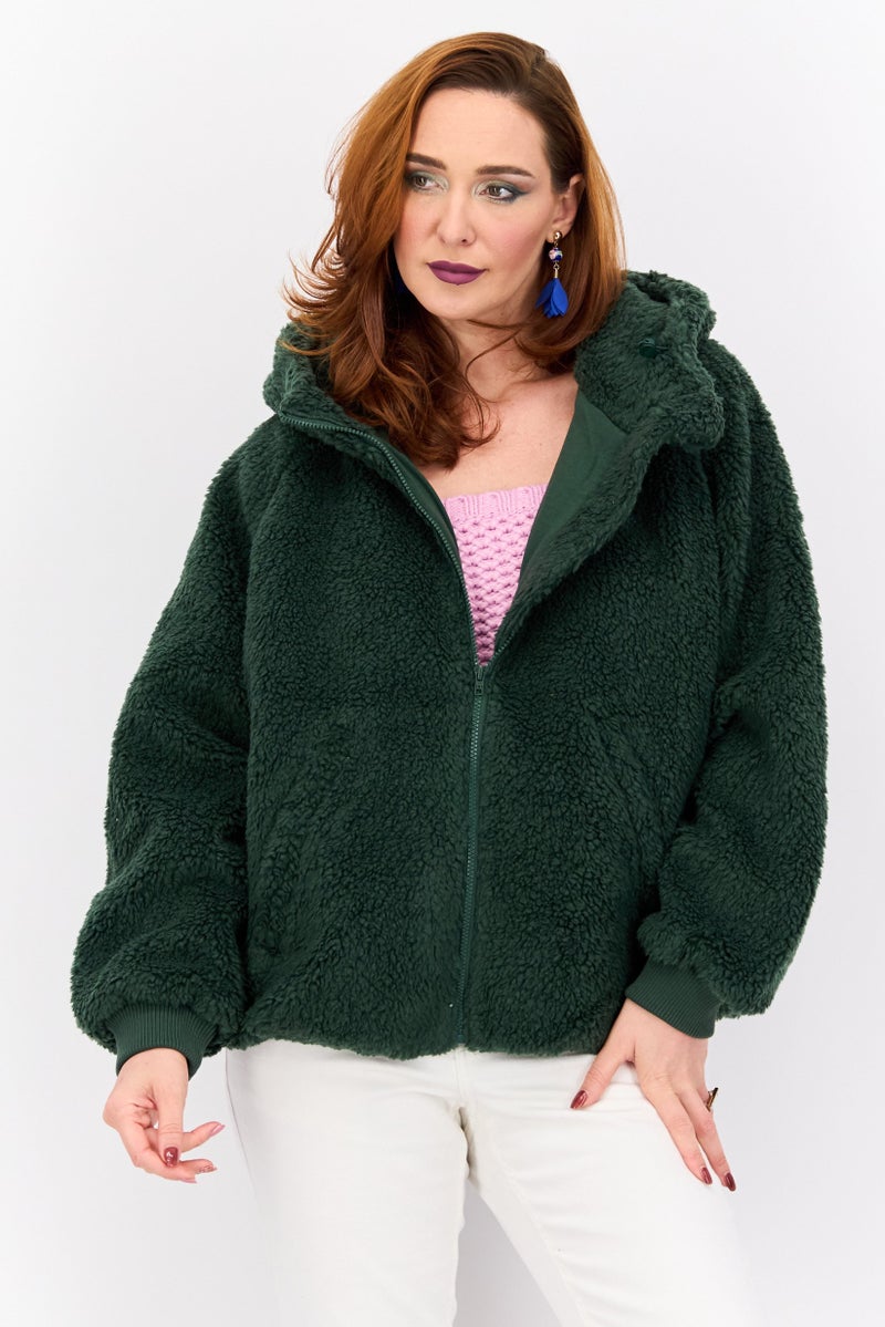 Wrangler Women Hooded Textured Parka Jacket, Dark Green - Image 1