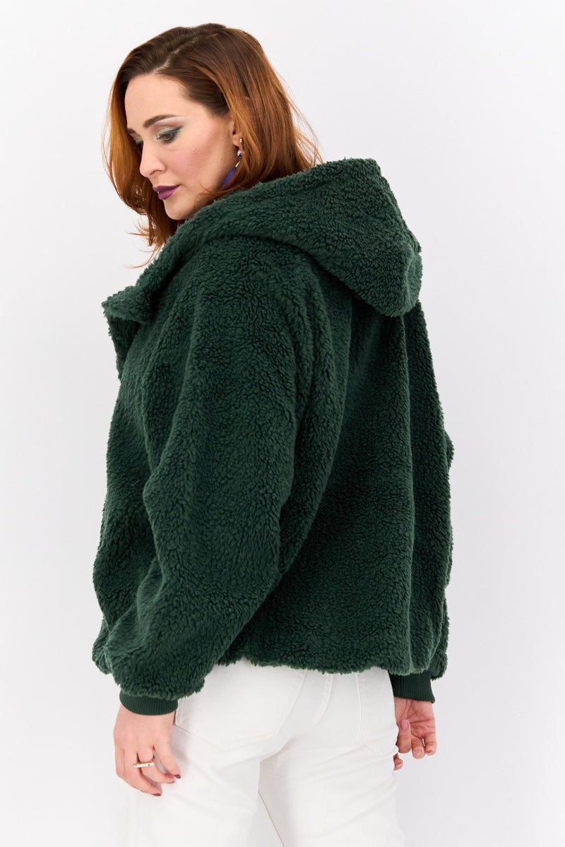 Wrangler Women Hooded Textured Parka Jacket, Dark Green - Image 3