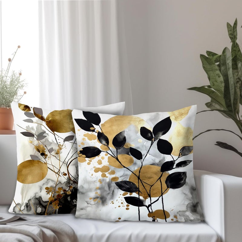 Supwhd Black and Gold Botanical Pillow Covers 18x18 Set of 2  Abstract Modern Decorative Throw Pillow Covers for Living Room Bedroom  Modern Home Decor  Black and Gold Bedroom Living Room Decor - Image 2