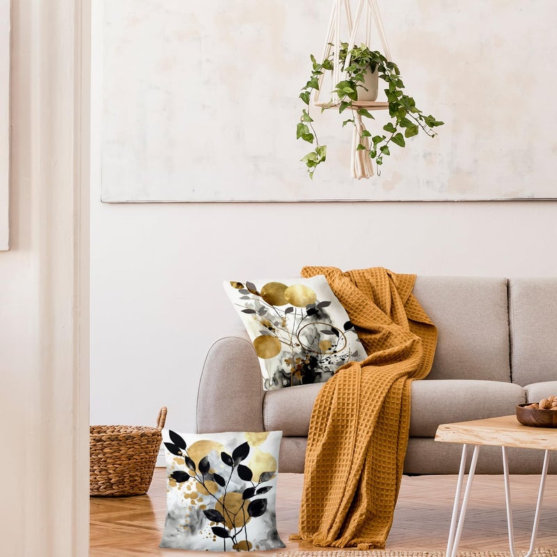 Supwhd Black and Gold Botanical Pillow Covers 18x18 Set of 2  Abstract Modern Decorative Throw Pillow Covers for Living Room Bedroom  Modern Home Decor  Black and Gold Bedroom Living Room Decor - Image 4
