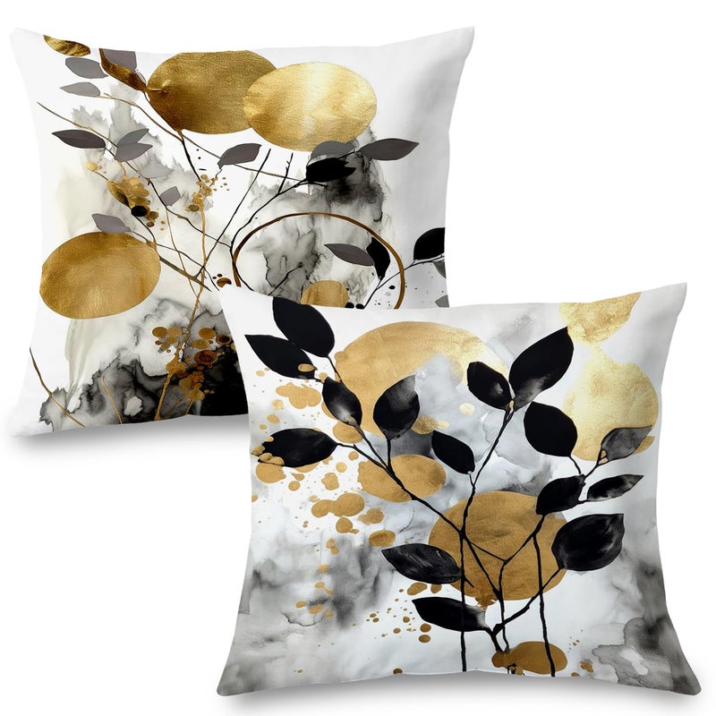 Supwhd Black and Gold Botanical Pillow Covers 18x18 Set of 2  Abstract Modern Decorative Throw Pillow Covers for Living Room Bedroom  Modern Home Decor  Black and Gold Bedroom Living Room Decor - Image 1