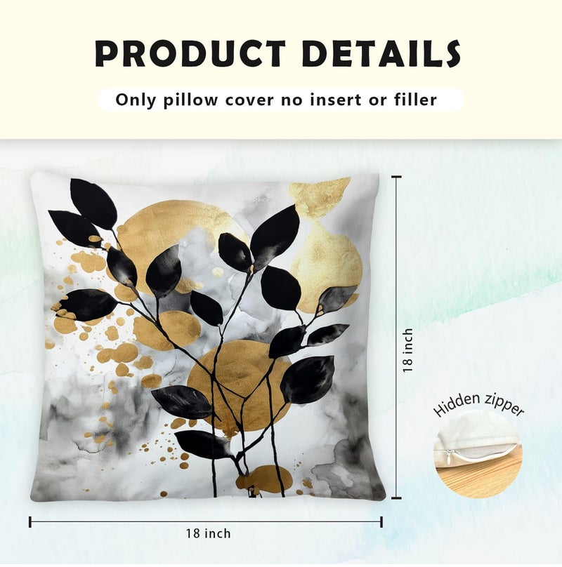 Supwhd Black and Gold Botanical Pillow Covers 18x18 Set of 2  Abstract Modern Decorative Throw Pillow Covers for Living Room Bedroom  Modern Home Decor  Black and Gold Bedroom Living Room Decor - Image 5