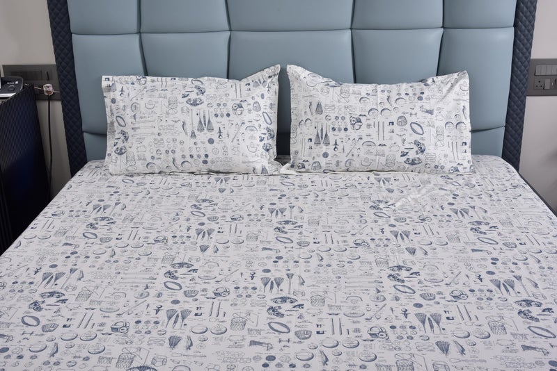 Premsons® Cotton Bed Sheet King Size Sheet with 2 Pillowcases - Premium Soft & Breathable Bedding for Full Size Beds - Luxury Bedroom Essentials - White & Blue - Image 2