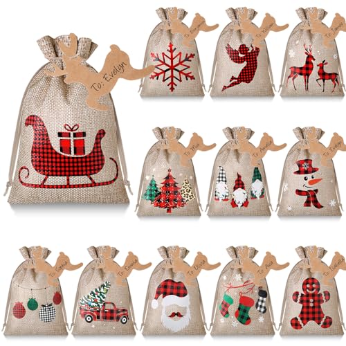 Shappy 24 Pcs Christmas Burlap Gift Bags Small Treat Goody Bags with Drawstrings for Christmas Featuring 12 Designs for Xmas and New Year Party Favors and SuppliesRustic Style10 x 8 Inch - Image 1