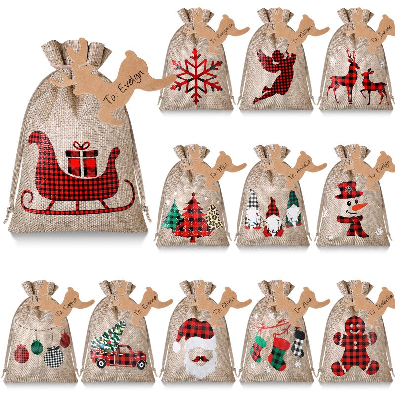 Shappy 24 Pcs Christmas Burlap Gift Bags Small Treat Goody Bags with Drawstrings for Christmas Featuring 12 Designs for Xmas and New Year Party Favors and SuppliesRustic Style10 x 8 Inch - Image 2
