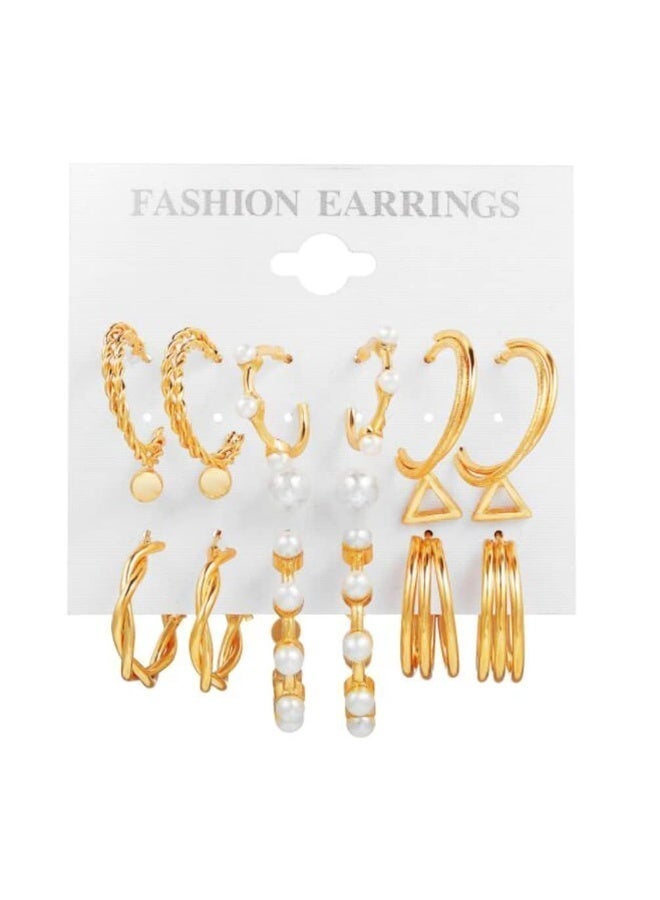 Fashion Jewelry Vintage Pearl-Inspired Geometric Hoop Earrings Set - 9 Pairs Gold-Plated Semi-Circle Earrings (Unique Designs) | Hypoallergenic, Retro Occident Style - Image 1