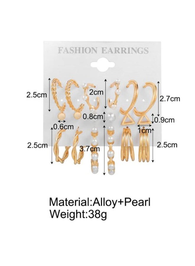 Fashion Jewelry Vintage Pearl-Inspired Geometric Hoop Earrings Set - 9 Pairs Gold-Plated Semi-Circle Earrings (Unique Designs) | Hypoallergenic, Retro Occident Style - Image 2