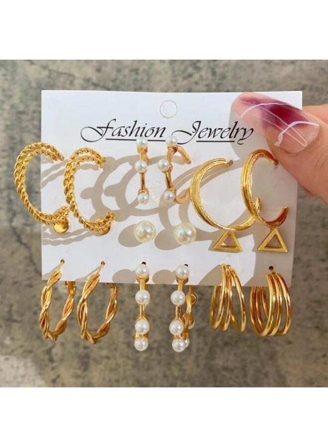 Fashion Jewelry Vintage Pearl-Inspired Geometric Hoop Earrings Set - 9 Pairs Gold-Plated Semi-Circle Earrings (Unique Designs) | Hypoallergenic, Retro Occident Style - Image 4