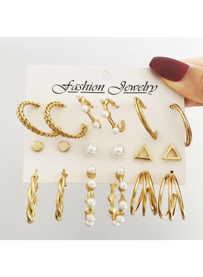 Fashion Jewelry Vintage Pearl-Inspired Geometric Hoop Earrings Set - 9 Pairs Gold-Plated Semi-Circle Earrings (Unique Designs) | Hypoallergenic, Retro Occident Style - Image 3