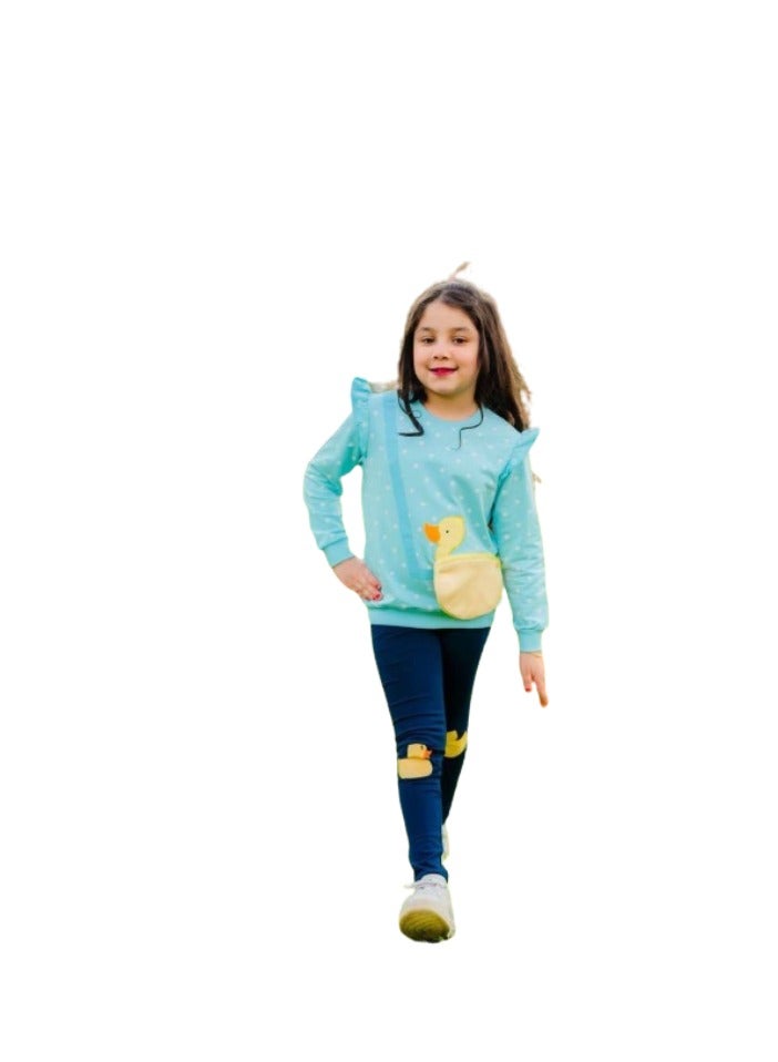 Girls set, blue T-shirt and navy blue pants - Image 2