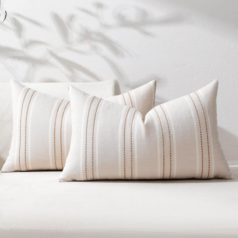 Hckot Throw Pillow Covers 12x20 Set of 2 Tan Pillow Covers Farmhouse Decorative Pillows Textured Linen Square Cushion Covers for Sofa Couch Bed Living Room Decor(Tan) - Image 1