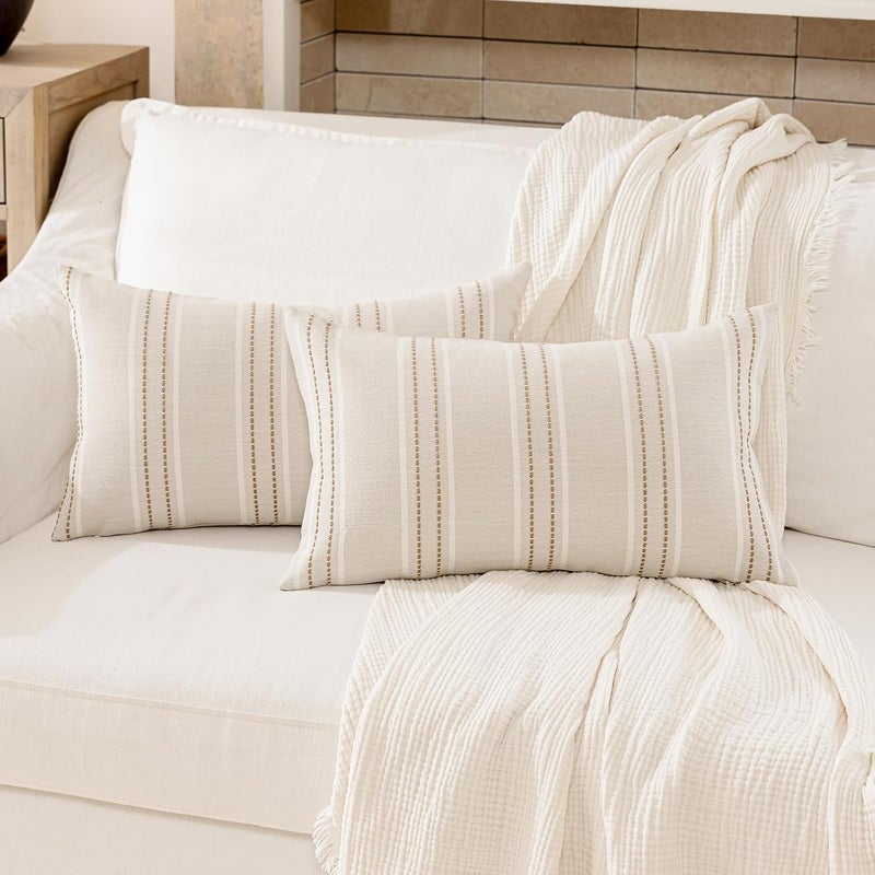 Hckot Throw Pillow Covers 12x20 Set of 2 Tan Pillow Covers Farmhouse Decorative Pillows Textured Linen Square Cushion Covers for Sofa Couch Bed Living Room Decor(Tan) - Image 2