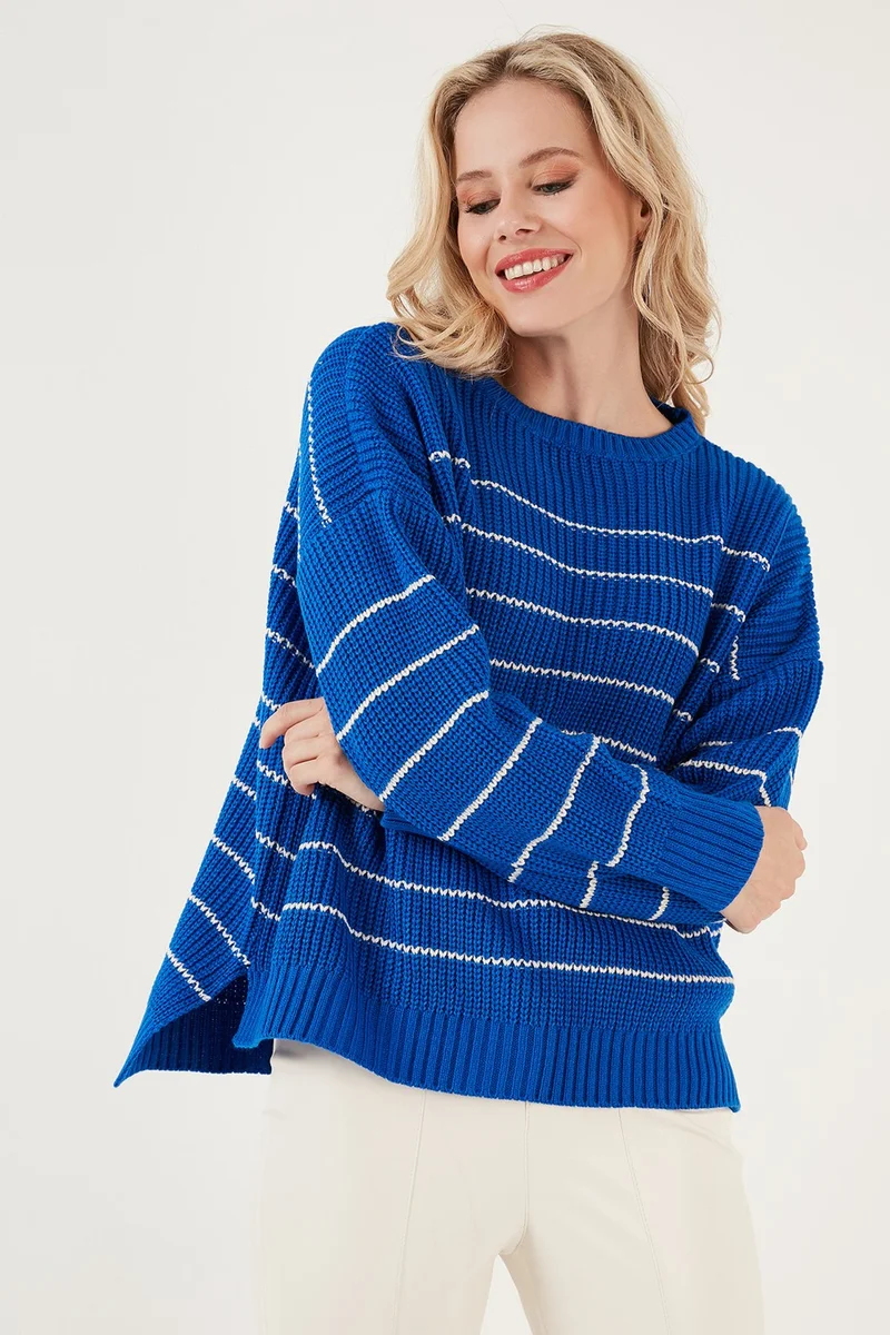 Lela Striped Long Back Crew Neck Knitted Sweater Women's Sweater 4616133