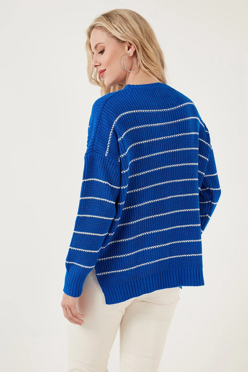 Lela Striped Long Back Crew Neck Knitted Sweater Women's Sweater 4616133