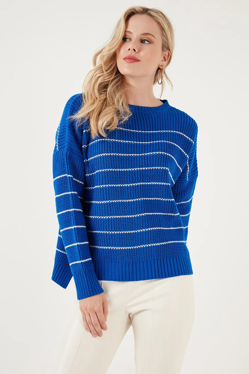 Lela Striped Long Back Crew Neck Knitted Sweater Women's Sweater 4616133