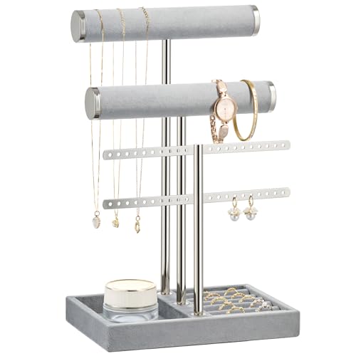 bussdis 3 Tier Bracelet Holder Display Detachable T Bar Grey Velvet Bracelet Holder Jewelry Holder Organizer for Bracelet Necklace Earrings Rings - Image 1