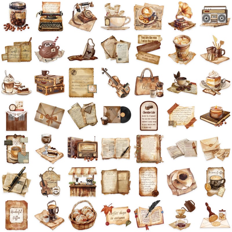 DIDODO Transparent Vintage Coffee Stickers for Scrapbooking 50pcs Aesthetic Brown Coffee Stickers Pack for Kids Girls & Adults Cute Craft Sticker for Water Bottle Journaling Scrapbooking Laptop(C) - Image 3