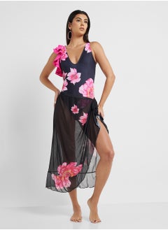 ELLA Floral Print One Shoulder Ruffled Swimsuit & Beach Skirt  - Image 1