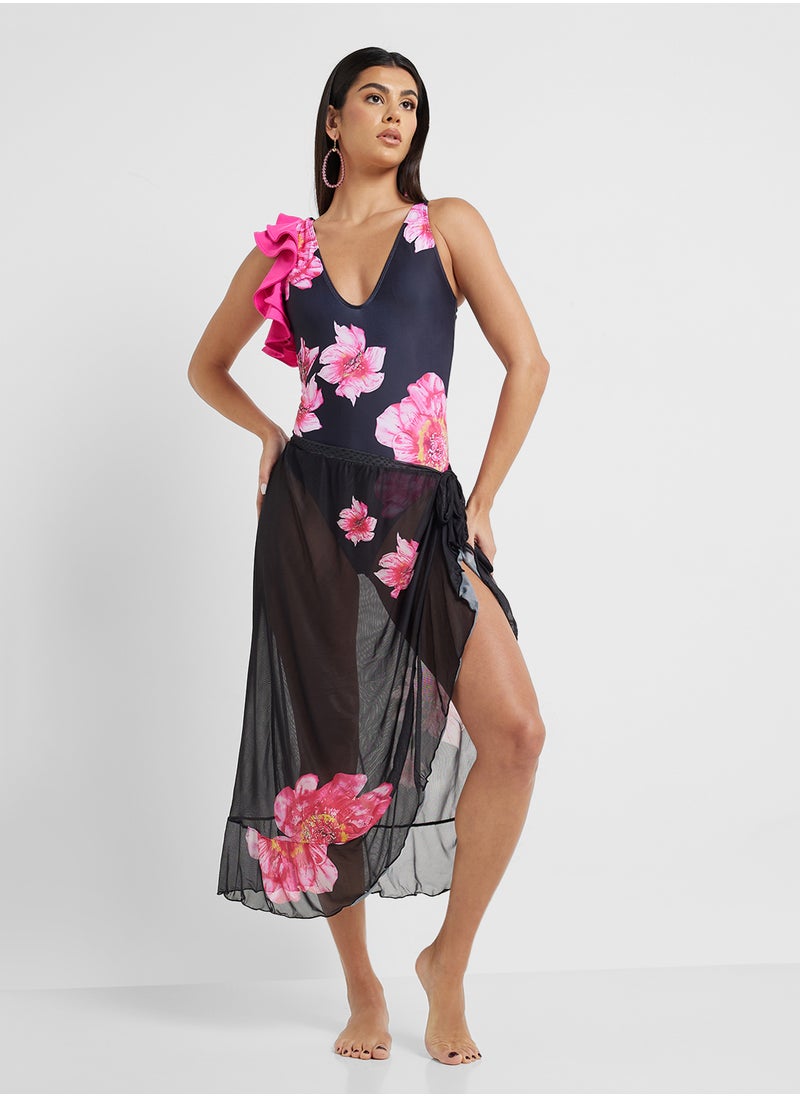 ELLA Floral Print One Shoulder Ruffled Swimsuit & Beach Skirt  - Image 1
