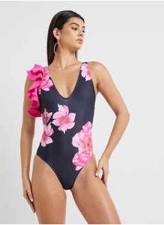 ELLA Floral Print One Shoulder Ruffled Swimsuit & Beach Skirt  - Image 3