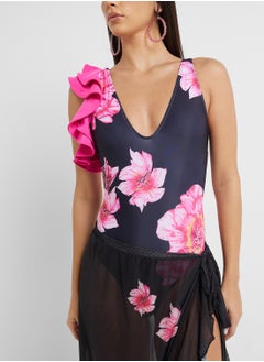 ELLA Floral Print One Shoulder Ruffled Swimsuit & Beach Skirt  - Image 4