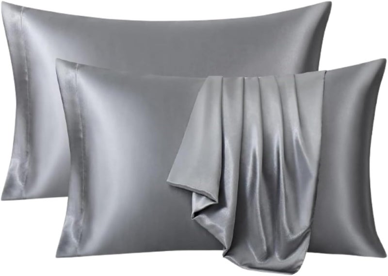 RENVA Set of 2 Satin Silk Pillowcase for Hair and Skin Standard Size 18"X 28" with Soft Breathable Smooths Cooling Pillow Covers for Sleeping (2, Gray) - Image 1