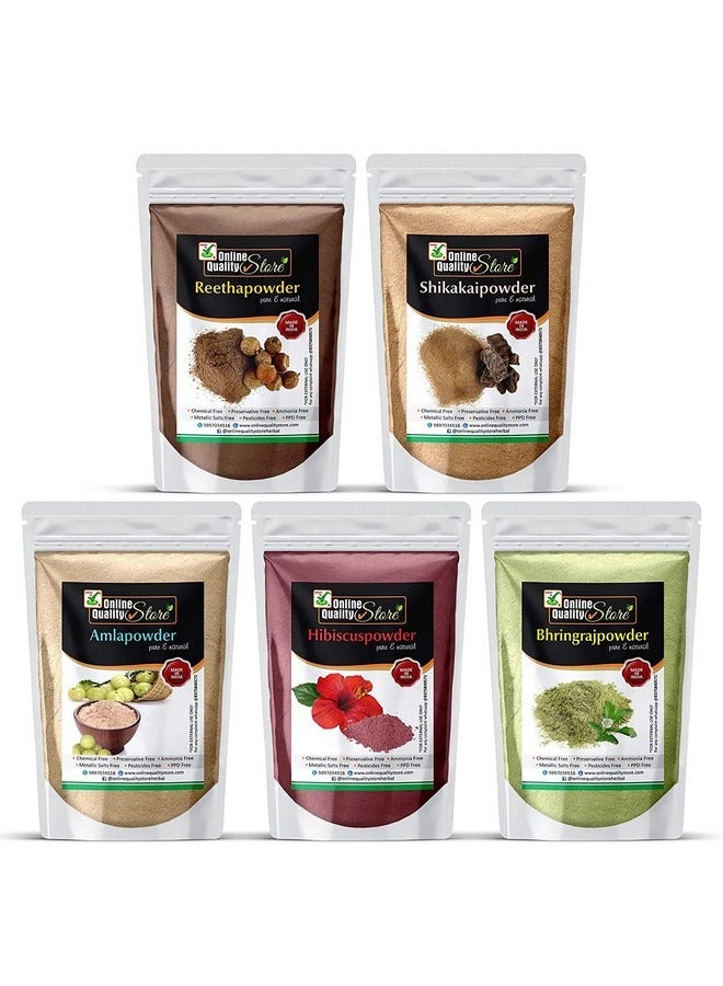 Online Quality Store Amla Reetha Shikakai Bhringraj And Hibiscus Powder For Hair Pack Powder Combo (Pack Of 5 Total 900G Pack) - Image 1