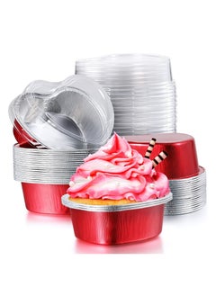 Patelai Aluminum Foil Cake Pan Heart Shaped Cupcake Cup with Lids 100 ml/ 3.4 Ounces Disposable Mini Cupcake Cup Flan Baking Cups for Valentine Mother's Day Wedding Xmas Birthday (Red,40 Sets)  - Image 1