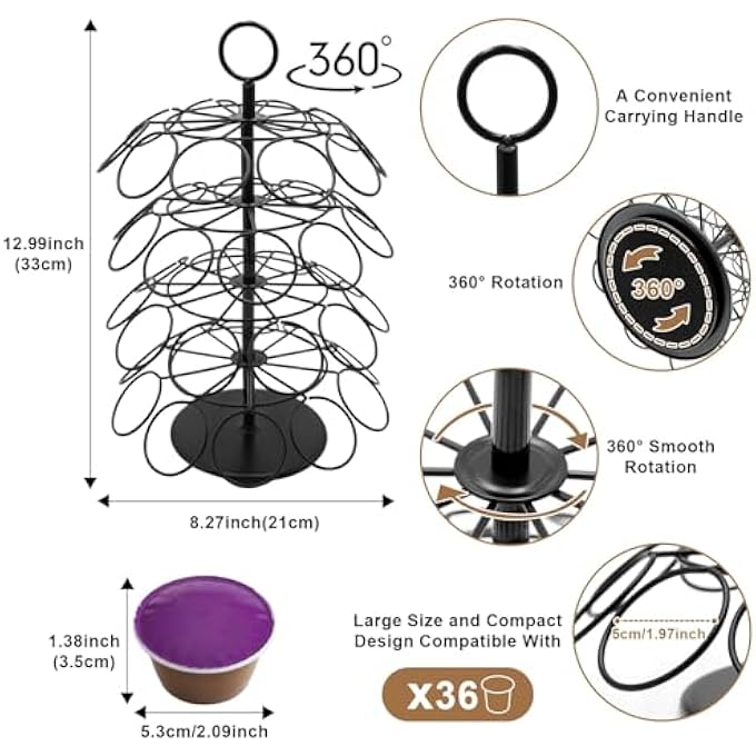 ريحني حامل كبسولات القهوة ومنظم تخزين 40 كبسولات متوافق مع رف معدني دوار KCups 360 لمطبخ بار منزلي على سطح المطبخ - Image 3