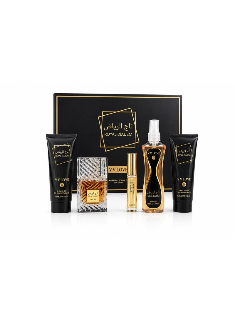 في في لوف طقم هدايا عطور تاج الرياض الفاخر 5 قطع للجنسين - يشمل عطر بارفان، معطر جسم، جل استحمام، لوشن للجسم، وعطر رول أون - Image 2
