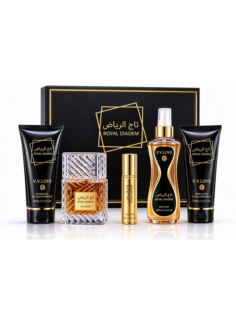 في في لوف طقم هدايا عطور تاج الرياض الفاخر 5 قطع للجنسين - يشمل عطر بارفان، معطر جسم، جل استحمام، لوشن للجسم، وعطر رول أون - Image 1