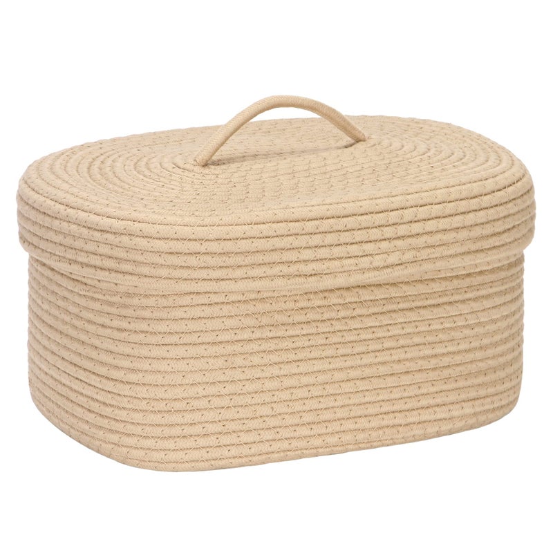 Sea Team Oval Cotton Rope Storage Basket with Lid, Lidded Woven Storage Bin, Nursery Storage Container, Diaper Caddy, Baby Shower Basket, Box, Organizer, 15 x 11 x 6.5 Inches (Medium, Khaki) - Image 1