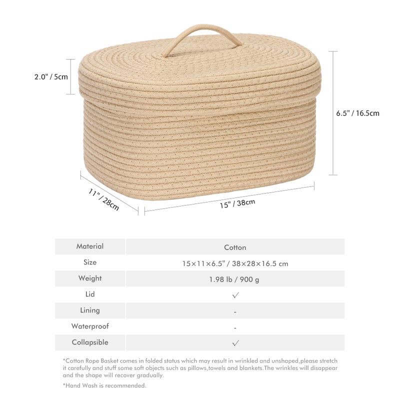 Sea Team Oval Cotton Rope Storage Basket with Lid, Lidded Woven Storage Bin, Nursery Storage Container, Diaper Caddy, Baby Shower Basket, Box, Organizer, 15 x 11 x 6.5 Inches (Medium, Khaki) - Image 4