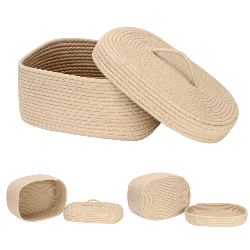Sea Team Oval Cotton Rope Storage Basket with Lid, Lidded Woven Storage Bin, Nursery Storage Container, Diaper Caddy, Baby Shower Basket, Box, Organizer, 15 x 11 x 6.5 Inches (Medium, Khaki) - Image 5