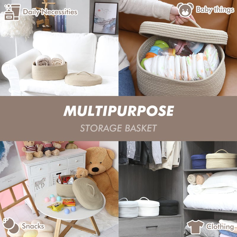 Sea Team Oval Cotton Rope Storage Basket with Lid, Lidded Woven Storage Bin, Nursery Storage Container, Diaper Caddy, Baby Shower Basket, Box, Organizer, 15 x 11 x 6.5 Inches (Medium, Khaki) - Image 2