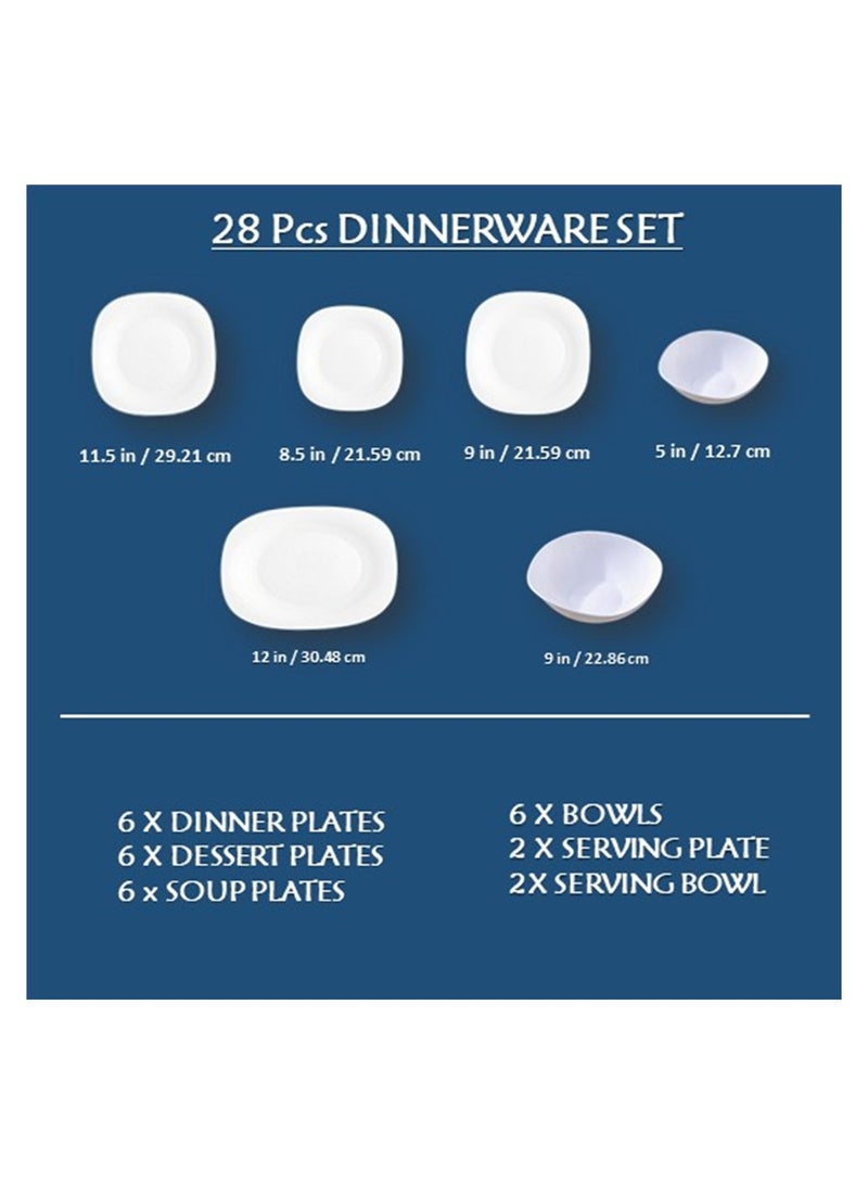 Houzi 28 Pcs Opal ware Dinner set 6 x dinner set 6 x dessert plate 6 bowls 6 soup plate 2 serving bowl 2 serving plate bpa free - Image 3