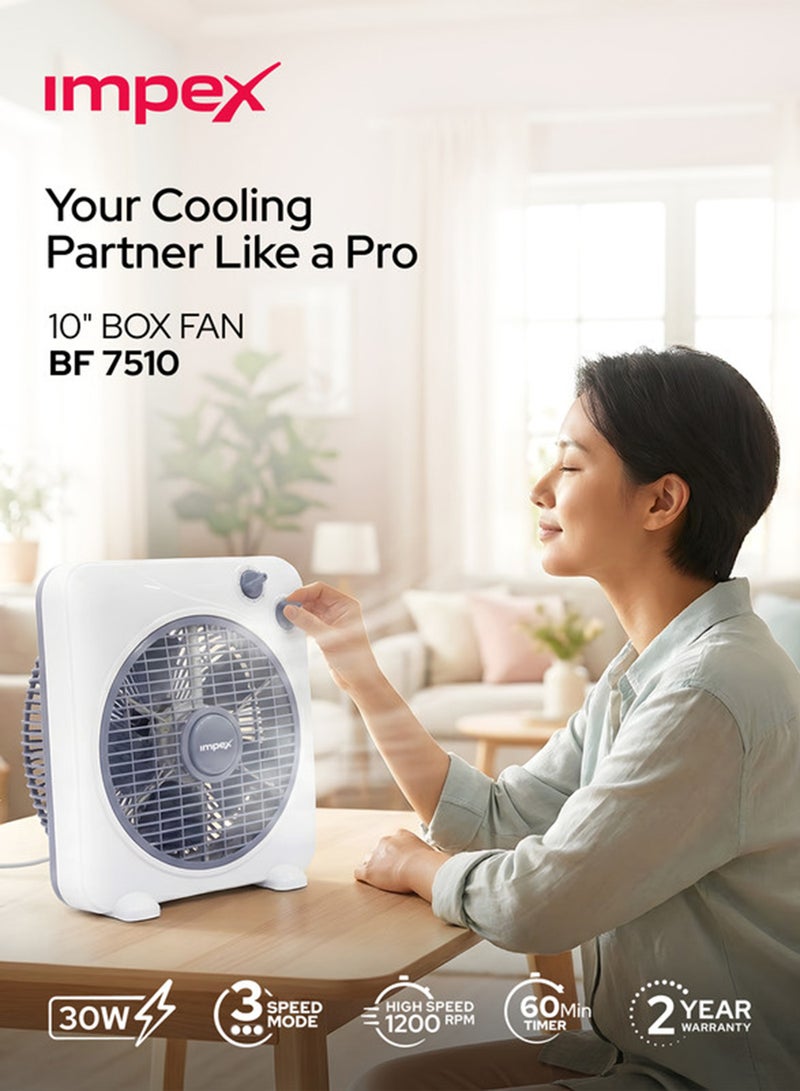 Impex 10 Inch Box Fan Table Fan With 3 Speed Modes, 60 Minute Timer, Child Safety Guard - Powerful, Quiet, And Durable BF 7510 White - Image 2