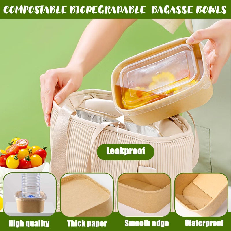 TINSKY 50 Pack 32 Oz Large Paper Bowls with Lids and Forks, Cardboard Take Out To Go Meal Prep Containers Disposable Compostable Food Containers for Party - Image 3