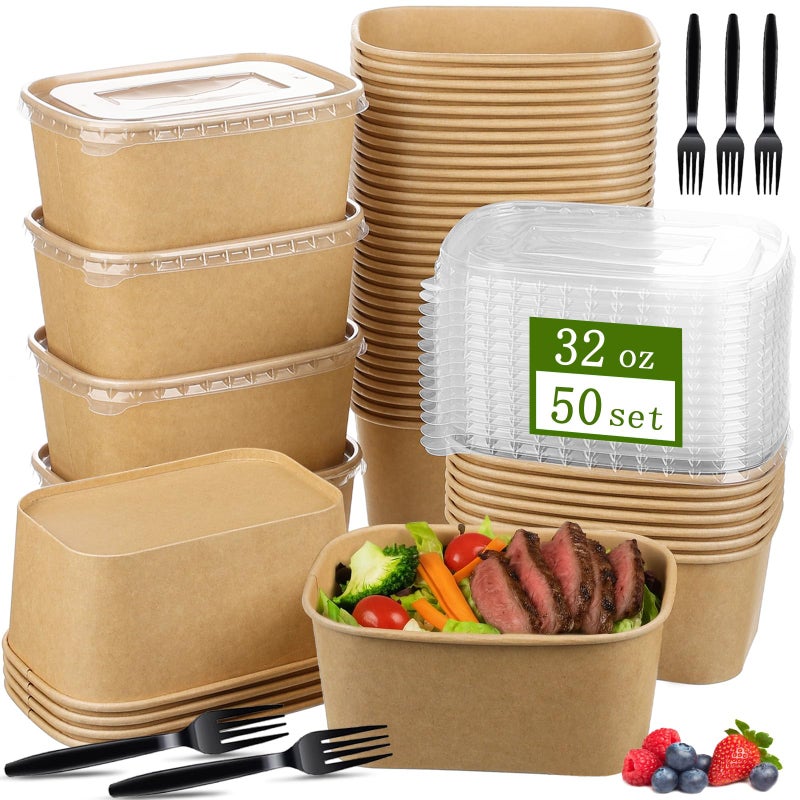 TINSKY 50 Pack 32 Oz Large Paper Bowls with Lids and Forks, Cardboard Take Out To Go Meal Prep Containers Disposable Compostable Food Containers for Party - Image 1