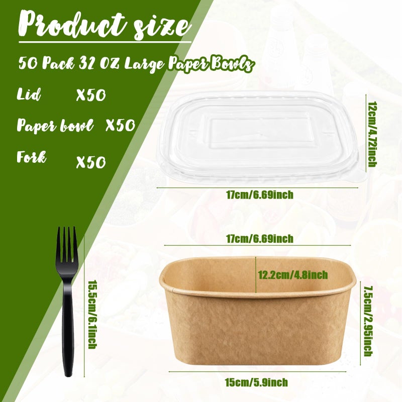 TINSKY 50 Pack 32 Oz Large Paper Bowls with Lids and Forks, Cardboard Take Out To Go Meal Prep Containers Disposable Compostable Food Containers for Party - Image 5