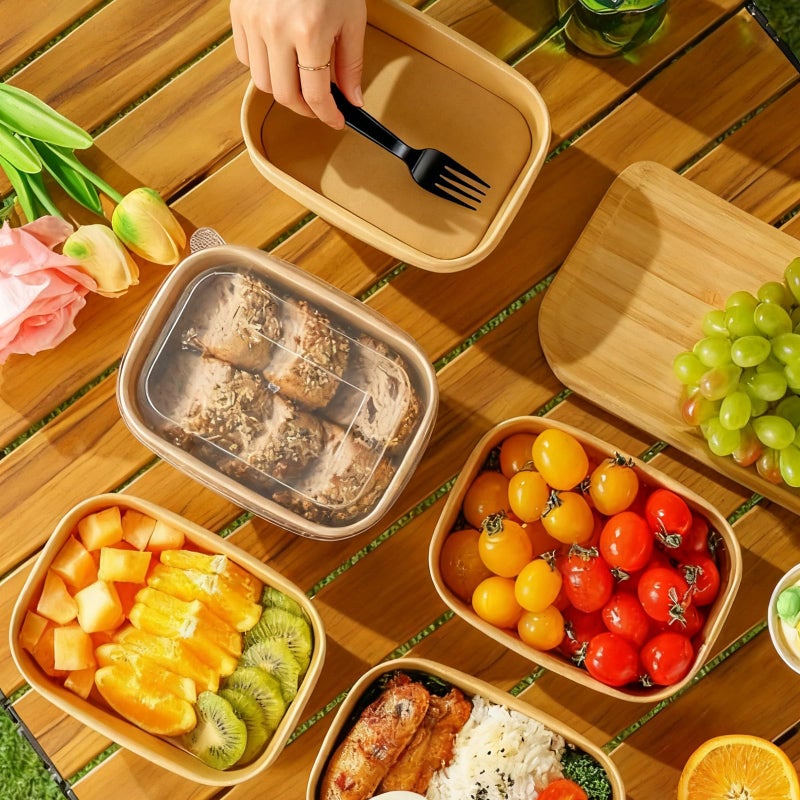 TINSKY 50 Pack 32 Oz Large Paper Bowls with Lids and Forks, Cardboard Take Out To Go Meal Prep Containers Disposable Compostable Food Containers for Party - Image 2