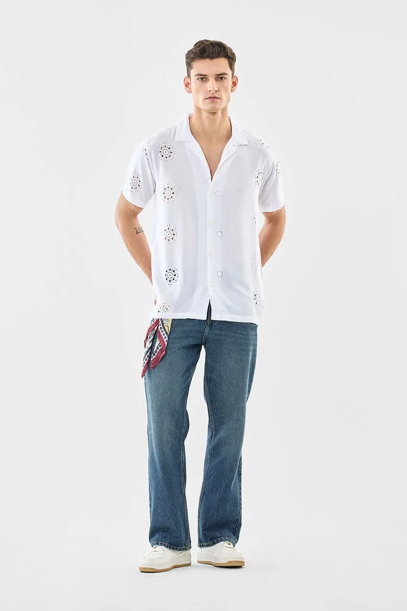 سنيتش White Embroidered Half Sleeve Boxy Shirt
