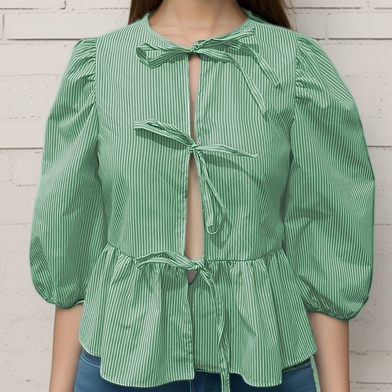 Womens Lace-Up Front Top Leopard Print Ruffled Doll Top 3/4 Length Puff Sleeve green thin strip